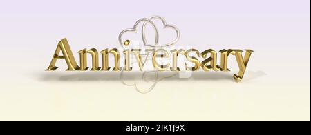 Jahrestag 3D Render Goldtext auf einem irisierenden Hintergrund mit zwei ineinandergerierenden herzförmigen Ringen. Stockfoto