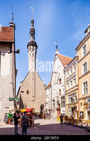 Der gotische Turm und der Turm des Rathauses (Tallinna raekoda) mit Blick auf die Geschäfte in der Altstadt von Tallinn, der Hauptstadt Estlands Stockfoto