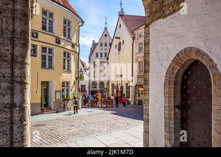 Blick auf die Altstadt von den Bögen des Rathauses aus dem 14.. Jahrhundert (Tallinna raekoda) auf dem Platz von Tallinn, der Hauptstadt Estlands Stockfoto