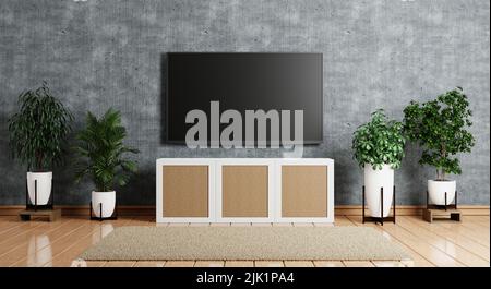 Fernseher über Holzschrank in modernen leeren Raum mit Pflanzen und Teppich auf dem Boden aus Holz. Architektur- und Innenraumkonzept. 3D Darstellung von Illustrationen Stockfoto
