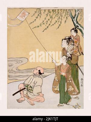 Illustration eines Jungen, der mit einem Drachen in Begleitung seiner Familie spielt, angefertigt vom japanischen Künstler Suzuki Harunobu während der Edo-Zeit (1766). Stockfoto