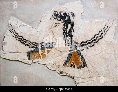 'The Dancing Lady' Ein Fragment einer minoischen Freskenmalerei einer Tänzerin oder Göttin in einer Epiphanie-Szene, Knossos, Kreta. 1400-1350 V. CHR. Stockfoto