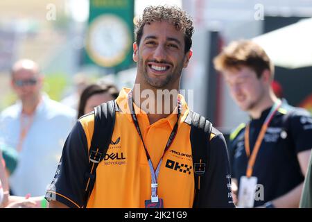 Budapest, Ungarn. 29.. Juli 2022. Daniel Ricciardo von McLaren blickt beim Training vor dem Grand Prix von Ungarn F1 auf dem Hungaroring am 29. Juli 2022 in Mogyorod, Ungarn, auf. Quelle: Marco Canoniero/Alamy Live News Stockfoto