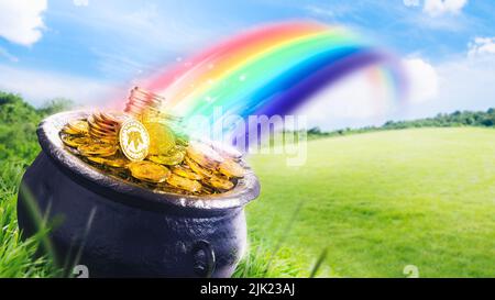 Topf am Ende des Regenbogens mit Goldmünzen auf dem Gras /3D Render, Illustration Stockfoto