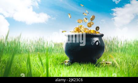 Topf mit Goldmünzen auf dem Gras /3D Render, Illustration Stockfoto