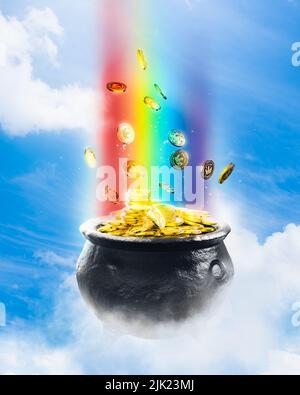 Topf mit Goldmünzen in einem bewölkten Himmel /3D Render, Illustration Stockfoto