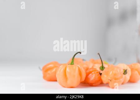 Ein Scotch-Haubenpfeffer mit Stiel auf weißem Hintergrund, frischer Pfeffer, Orangenkorallenpfeffer, nigerischem Scotch-Haubenpfeffer Stockfoto