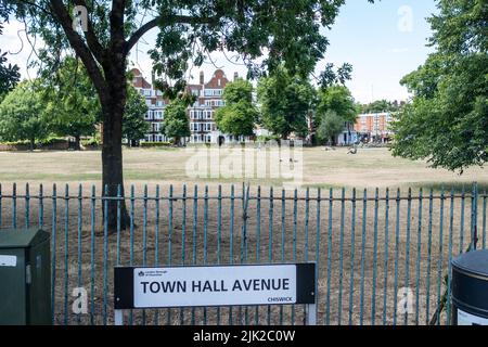 London, 2022. Juli: Chiswick Town Hall Avenue auf dem Turnham Green Park neben der Chiswick High Street in West London Stockfoto