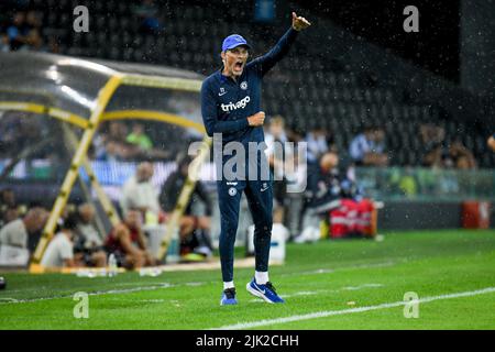 Udine, Italien. 29.. Juli 2022. Chelseas Cheftrainer Thomas Tuchel Gesten während des Udinese Calcio gegen den FC Chelsea, Freundschaftsspiel in Udine, Italien, Juli 29 2022 Quelle: Independent Photo Agency/Alamy Live News Stockfoto