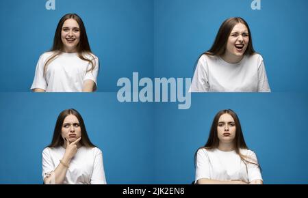 Collage-Foto mit vier verschiedenen glücklichen und traurigen Emotionen in einer jungen Brünette Frau in weißem T-Shirt auf blauem Hintergrund. Set von jungen Frauen Stockfoto