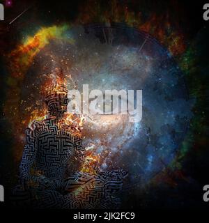 Mann in Lotushaltung. Lebendiger Hintergrund für den Weltraum. 3D Rendern Stockfoto