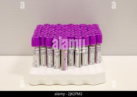 Fotografie steriler Vacutainer-Röhrchen mit violettem Verschluss zur Blutprobenentnahme für die Laboranalyse Stockfoto