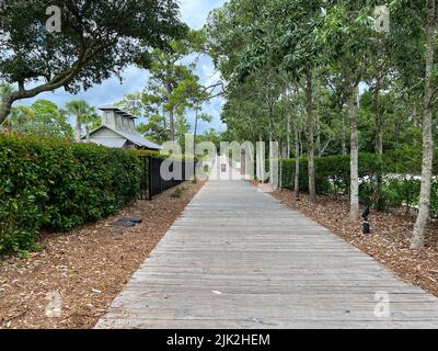 Watercolor, FL USA - 25. Juli 2022: Der hölzerne Wander- und Radweg in Watercolor, Florida. Stockfoto