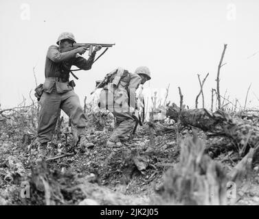 Foto einer Marine, die auf einen japanischen Scharfschützen auf Okinawa im Juni 1945 abzielt Stockfoto