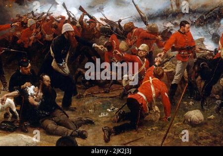 Detail aus der Schlacht von Rorke's Drift, gemalt von Alphonse de Neuville. Es zeigt Leutnant John Chard (rechts an der Barriere in blassen Hosen mit Gewehr), Corporal William Allen (Übergabe von Patronen an Chard) und Chaplain George Smith (bärtiger Mann, der Patronen aus einem Haversack austeilt) Stockfoto