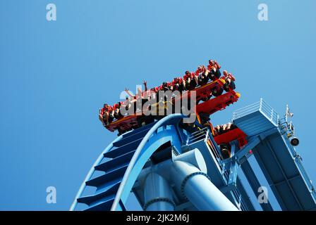 Thrill Riders hängen über dem Abgrund einer Achterbahn namens Griffon in Busch Gardens in Williamsburg, Virginia Stockfoto