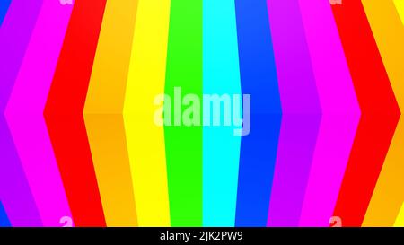3D Rendern. Vertikale Linien bilden 3D Effekte mit Regenbogenlinien-Muster. Sehr bunte Linien bilden einen dreieckigen Effekt. Strukturierter Rückenstreifen mit Streifenmuster Stockfoto