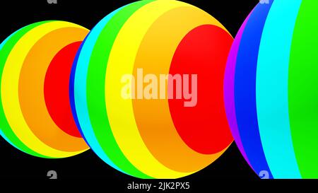 3D Rendern. Dreidimensionale Kugeln mit einem Muster von Linien mit verschiedenen Farben des Regenbogens. Kugeln auf dunklem Hintergrund. Kreise mit Streifen Stockfoto