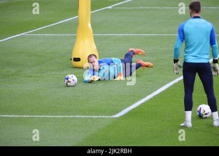 New Jersey, USA. 29.. Juli 2022. 29. Juli 2022, Harrison, NJ, USA: Pressekonferenz und Trainingsveranstaltung des FC Barcelona in New Jersey. 29. Juli 2022, New Jersey, USA: Die Pressekonferenz und Trainingseinheit des FC Barcelona, während sie ihre USA-Tour im „Big Apple“ zu Ende bringen, wo sie die Major League Soccer-Mannschaft, die New York Red Bulls, übernehmen werden. Das vierte und letzte Spiel für Xavi Hernandez und die Mannschaft in der Red Bull Arena startet am Samstag (30) um 7pm Uhr Ortszeit. Barcelona ist kurz vor der Rückkehr nach Spanien nach ihrer USA-Tournee, aber zuerst müssen sie sich einem anderen Team stellen. Stockfoto