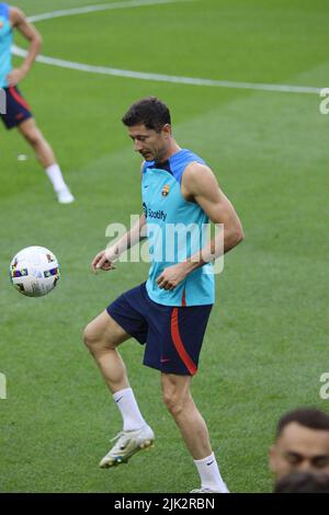 New Jersey, USA. 29.. Juli 2022. 29. Juli 2022, Harrison, NJ, USA: Pressekonferenz und Trainingsveranstaltung des FC Barcelona in New Jersey. 29. Juli 2022, New Jersey, USA: Die Pressekonferenz und Trainingseinheit des FC Barcelona, während sie ihre USA-Tour im „Big Apple“ zu Ende bringen, wo sie die Major League Soccer-Mannschaft, die New York Red Bulls, übernehmen werden. Das vierte und letzte Spiel für Xavi Hernandez und die Mannschaft in der Red Bull Arena startet am Samstag (30) um 7pm Uhr Ortszeit. Barcelona ist kurz vor der Rückkehr nach Spanien nach ihrer USA-Tournee, aber zuerst müssen sie sich einem anderen Team stellen. Stockfoto