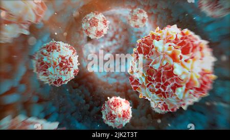 Illustration des Poliovirus. Poliovirus-Partikel (Virionen) bestehen aus einer äußeren Proteinschicht (Capsid), die RNA (Ribonukleinsäure), das Erbgut des Virus, umhüllt. Das Polio-Virus verursacht Poliomyelitis, eine Krankheit, die Motoneuronen (Nervenzellen) zerstört, die Muskeln für Schlucken, Durchblutung, Atmung und Bewegung der Gliedmaßen steuern. Dank der weltweiten Bemühungen zur Ausrottung der Krankheit sind die Fälle seit 1988 um 99 % zurückgegangen. Stockfoto