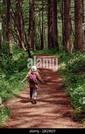 Frau, die auf dem Naturlehrpfad läuft oder langsam läuft, Blick von hinten Stockfoto