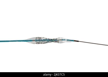 Angioplastie des Herzstents. Mit einem leeren und gefüllten Ballon in die Blutgefäße implantiert. Hochauflösendes Foto isoliert auf einem Stockfoto