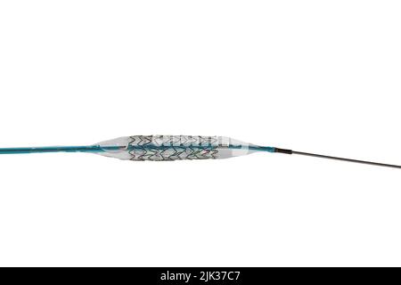 Angioplastie des Herzstents. Mit einem leeren und gefüllten Ballon in die Blutgefäße implantiert. Hochauflösendes Foto isoliert auf einem Stockfoto