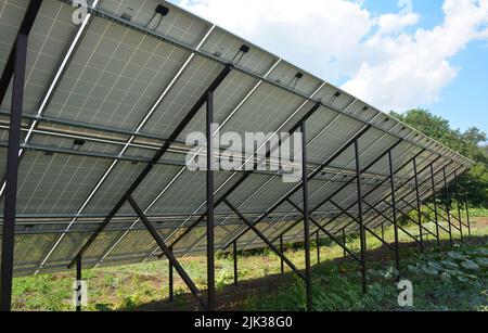 Eine Rückansicht, Bodenansicht der Solarmodule, die auf dem Boden montiert sind. Bau von Solarzellen, Installation auf den Masten, solares Rechen. Stockfoto