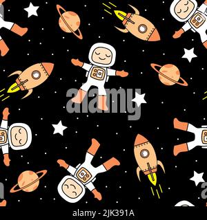 Niedlicher Astronaut und Raketen - Nahtloses Raummuster Stockfoto