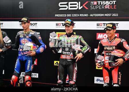 Autodrom Most, Most, Tschechische Republik, 29. Juli 2022, SUPERPOLE 1. Nr. 65 Jonathan Rea GBR Kawasaki ZX-10RR Kawasaki Racing Team WorldSBK 2. Nr. 1 Topra Stockfoto