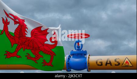 Wales Gas, Ventil an der Hauptgaspipeline Wales, Pipeline mit Flagge Wales, Rohre von Gas aus Wales, 3D Arbeit und 3D Bild Stockfoto