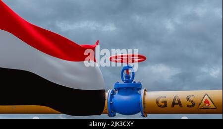 Jemen Gas, Ventil an der Hauptgasleitung Jemen, Pipeline mit Flagge Jemen, Gasleitungen aus dem Jemen, 3D Arbeit und 3D Bild Stockfoto