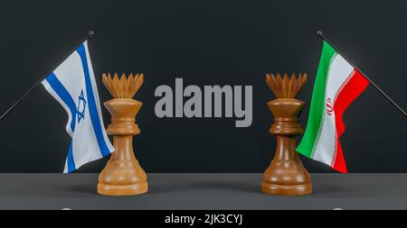 Israelische Flagge und iranische Flagge und Schachkönig auf Schachbrett, Israel vs. Iran-Länder politischer Konflikt und Kriegskonzept, 3D Arbeit und 3D Bild Stockfoto