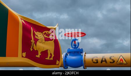 Sri Lanka Gas, Ventil an der Hauptgasleitung Sri Lanka, Pipeline mit Flagge Sri Lanka, Gasleitungen aus Sri Lanka, 3D Arbeit und 3D Bild Stockfoto