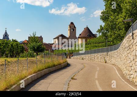 Blick auf die Stadt Durnstein in der Wachau. Niederösterreich Stockfoto