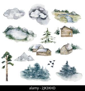 Waldlandschaften in Aquarell gemalt. Seen, Tannen, Tannen, ein Fluss und Häuser. Winter Herbst Wald. Natur Stockfoto