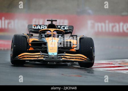 Mogyorod, Ungarn. 30.. Juli 2022. Mogyorod, Ungarn. 30.. Juli 2022. Daniel Ricciardo von McLaren auf der Strecke beim letzten Training für den Großen Preis von Ungarn F1 am Hungaroring am 30. Juli 2022 in Mogyorod, Ungarn. Kredit: Marco Canoniero/Alamy Live Nachrichten Gutschrift: Marco Canoniero/Alamy Live Nachrichten Stockfoto