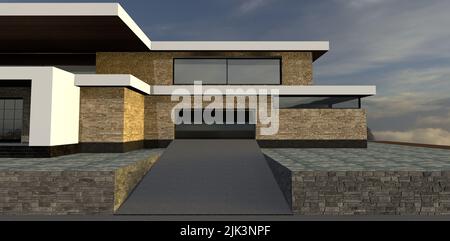 Auto gepflasterten Eingang zu einem Luxushaus. Die Wanddekoration besteht aus mehrfarbigem Schiefer. Dunkler stürmischer Himmel. 3D Rendern. Stockfoto