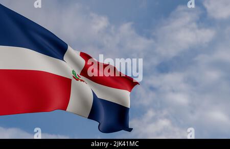 Nationalflagge Dominikanische Republik, Dominikanische Republik Flagge, Stoff Flagge Dominikanische Republik, blauer Himmel Hintergrund mit Dominikanische Republik Flagge, 3D Arbeit a Stockfoto