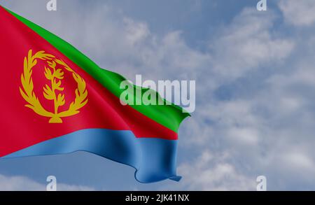 Nationalflagge Eritrea, Eritrea-Flagge, Stoffflagge Eritrea, blauer Himmel mit Eritrea-Flagge, 3D Arbeit und 3D Bild Stockfoto