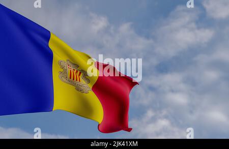 Nationalflagge Andorra, Andorra-Flagge, Stoffflagge Andorra, blauer Himmel mit Andorra-Flagge, 3D Arbeit und 3D Bild Stockfoto