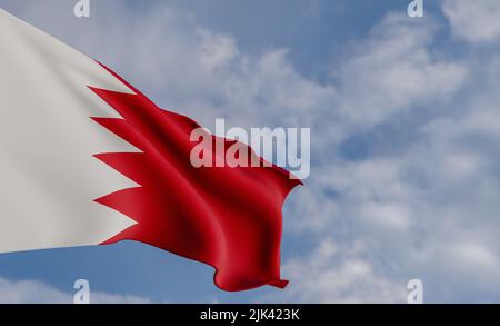 Nationalflagge Bahrain, Bahrain-Flagge, Stoffflagge Bahrain, blauer Himmel mit Bahrain-Flagge, 3D Arbeit und 3D Bild Stockfoto