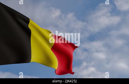 Nationalflagge Belgien, Belgische Flagge, Stoffflagge Belgien, blauer Himmel Hintergrund mit Belgischer Flagge, 3D Arbeit und 3D Bild Stockfoto