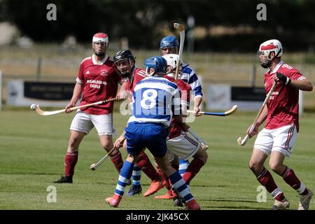 Newtonmore, Großbritannien. 30 Juli 2022. Newtonmore Camanachd Club First Team spielt Kinlochshiel auf der Eilan in der Mowi Premiership. Kingussie (in weiß und blau) gegen Kinlochshiel. Endergebnis 2-2. MOWI Premiership Ligaspiel. Shinty, oder „Camanachd“ in Schottland, ist ein Spiel, das nur in den Highlands zwischen Teams gespielt wird, die Dörfer und Städte repräsentieren. Das Spiel ist älter als die aufgezeichnete Geschichte Schottlands und wird auf einem Rasen mit einem kleinen Ball und Stöcken (genannt Caman) gespielt. . Kredit: Rob Gray/Alamy Live Nachrichten Stockfoto