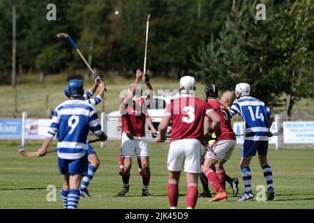 Newtonmore, Großbritannien. 30 Juli 2022. Newtonmore Camanachd Club First Team spielt Kinlochshiel auf der Eilan in der Mowi Premiership. Kingussie (in weiß und blau) gegen Kinlochshiel. Endergebnis 2-2. MOWI Premiership Ligaspiel. Shinty, oder „Camanachd“ in Schottland, ist ein Spiel, das nur in den Highlands zwischen Teams gespielt wird, die Dörfer und Städte repräsentieren. Das Spiel ist älter als die aufgezeichnete Geschichte Schottlands und wird auf einem Rasen mit einem kleinen Ball und Stöcken (genannt Caman) gespielt. . Kredit: Rob Gray/Alamy Live Nachrichten Stockfoto