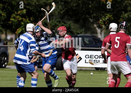 Newtonmore, Großbritannien. 30 Juli 2022. ::: Newtonmore Camanachd Club First Team spielt Kinlochshiel auf der Eilan in der Mowi Premiership. Kingussie (in weiß und blau) gegen Kinlochshiel. Endergebnis 2-2. MOWI Premiership Ligaspiel. Shinty, oder „Camanachd“ in Schottland, ist ein Spiel, das nur in den Highlands zwischen Teams gespielt wird, die Dörfer und Städte repräsentieren. Das Spiel ist älter als die aufgezeichnete Geschichte Schottlands und wird auf einem Rasen mit einem kleinen Ball und Stöcken (genannt Caman) gespielt. . Kredit: Rob Gray/Alamy Live Nachrichten Stockfoto