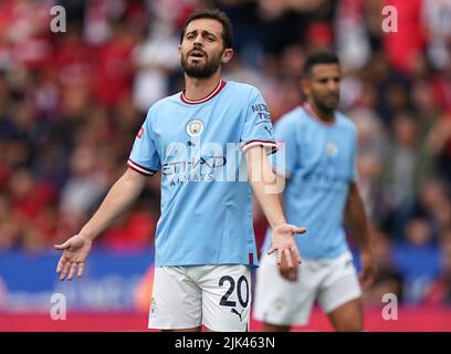 Bernardo Silva von Manchester City reagiert beim Spiel mit dem FA Community Shield im King Power Stadium in Leicester. Bilddatum: Samstag, 30. Juli 2022. Stockfoto