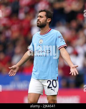 Bernardo Silva von Manchester City reagiert beim Spiel mit dem FA Community Shield im King Power Stadium in Leicester. Bilddatum: Samstag, 30. Juli 2022. Stockfoto