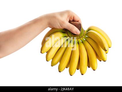 Babybanane in Handweg isoliert auf weiß Stockfoto